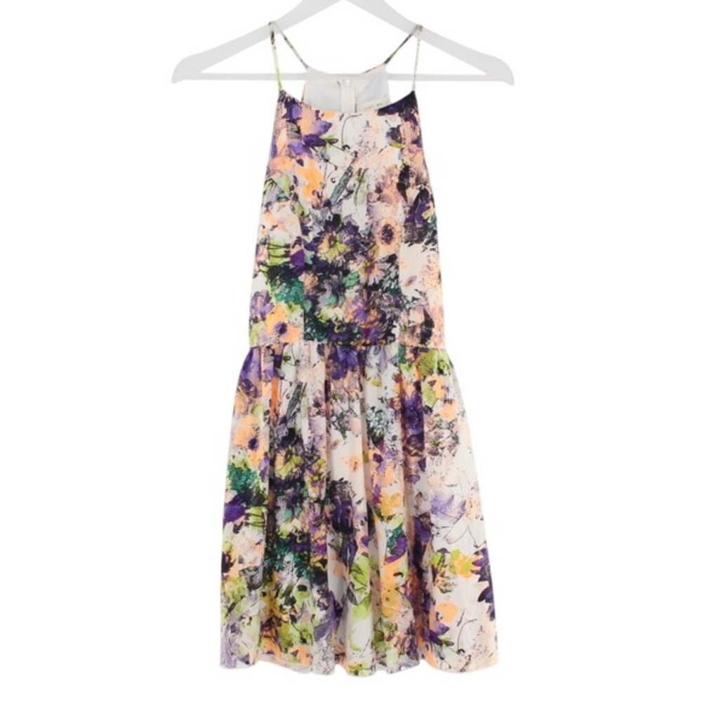 Just Me Floral Mini Dress High Neck Halter‎ Sleeveless Size Medium Purple Multi